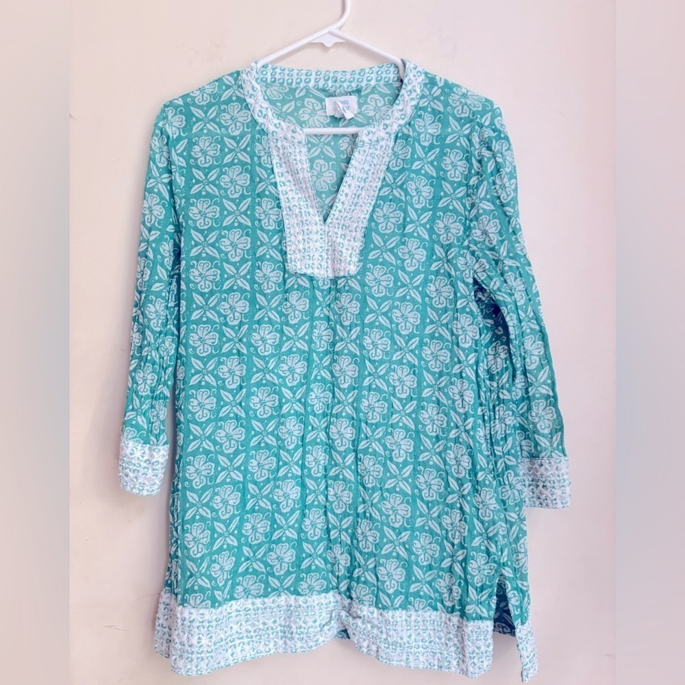 Sigrid Olsen Womens Embroidered Tunic Top Blouse 3/4 Sleeve aqua color Small